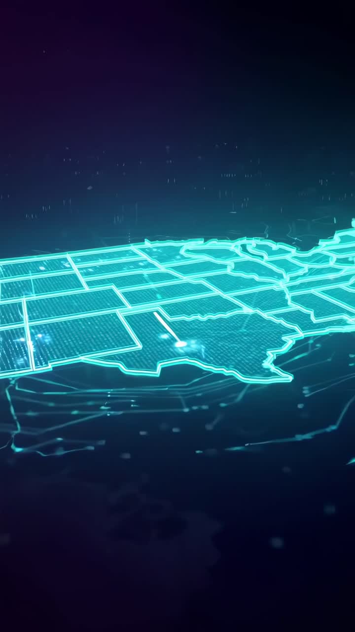 Futuristic video concept of a digital USA map from a top-down angle, glowing neon lines