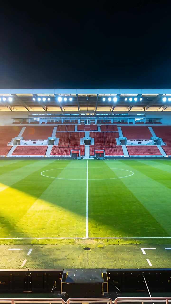 Video verticale: Che mostra la linea centrale e il cerchio di un campo da calcio con erba a strisce, tribuna allo stadio.