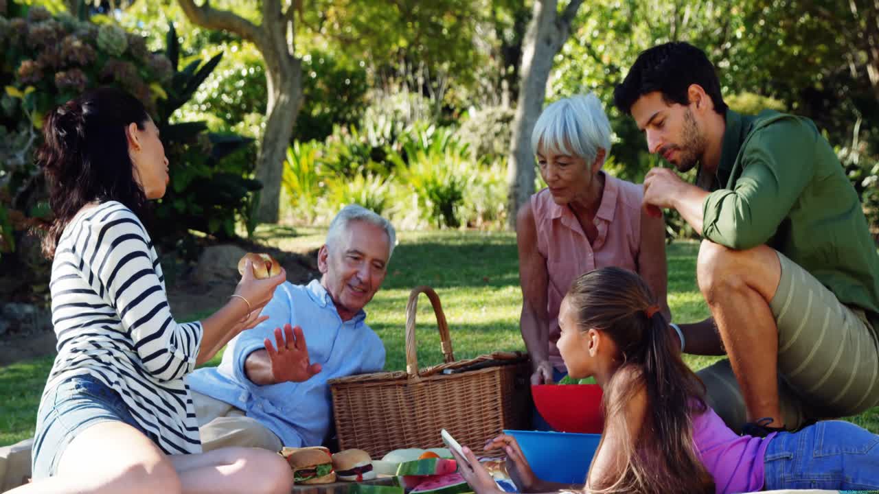 Family interacting while having meal in park 4k