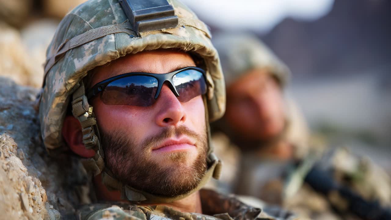 Focused Soldier in Tactical Gear with Sunglasses: A Dedicated Warrior Showcasing the Strength and Resilience of Military Personnel While on Duty in an Outdoor Terrain Setting