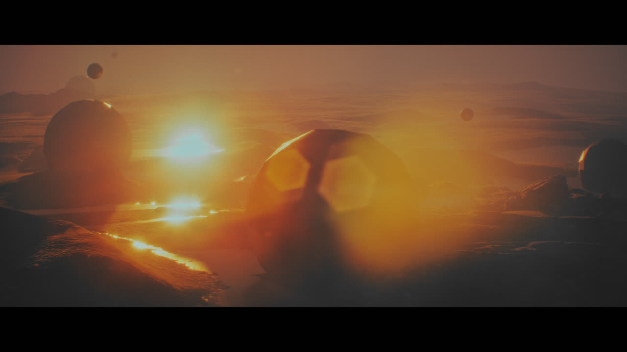 Alien planet desert landscape during sunset with strange sphere-shaped buildings