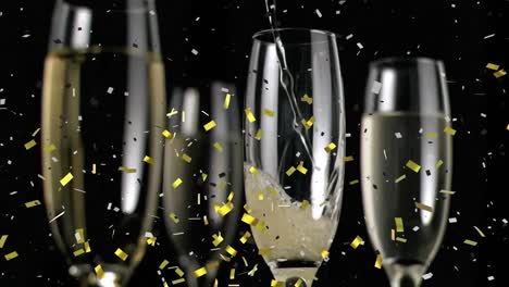 Animation-of-champagne-pouring-in-glasses-and-confetti-exploding-against-black-background