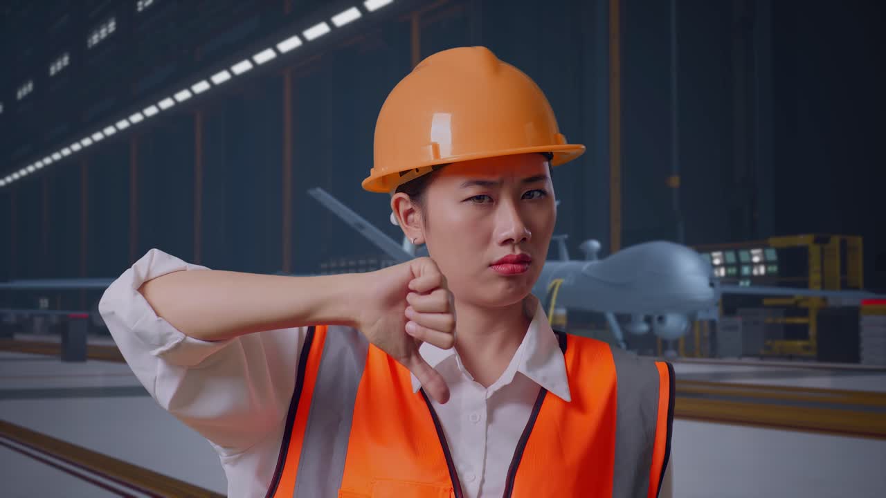 安全ヘルメットを着用したアジア系の女性エンジニアのクローズアップ。立って親指を下げるジェスチャーをし、首を横に振っている。整備格納庫にある最新の軍用ドローン