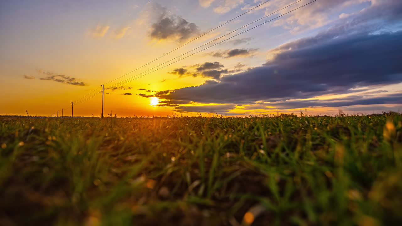 el amanecer el horizonte del sol se levanta las nubes pasan por encima de la hierba verde primer plano torres de electricidad a lo largo de campos vacíos rurales paisaje, panorámico
