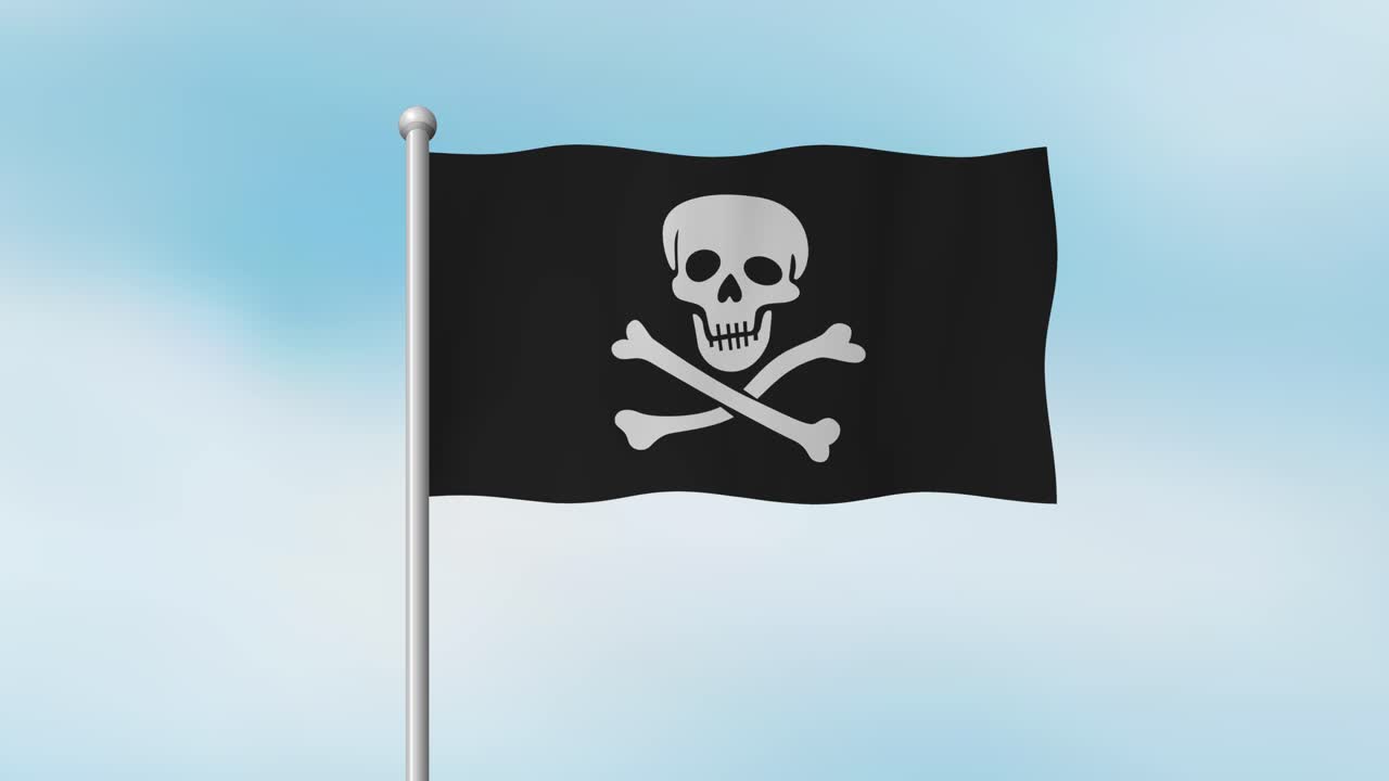 Bandiera pirata nera con teschio e ossa incrociate che sventola fluidamente sull'asta, sfondo di cielo blu