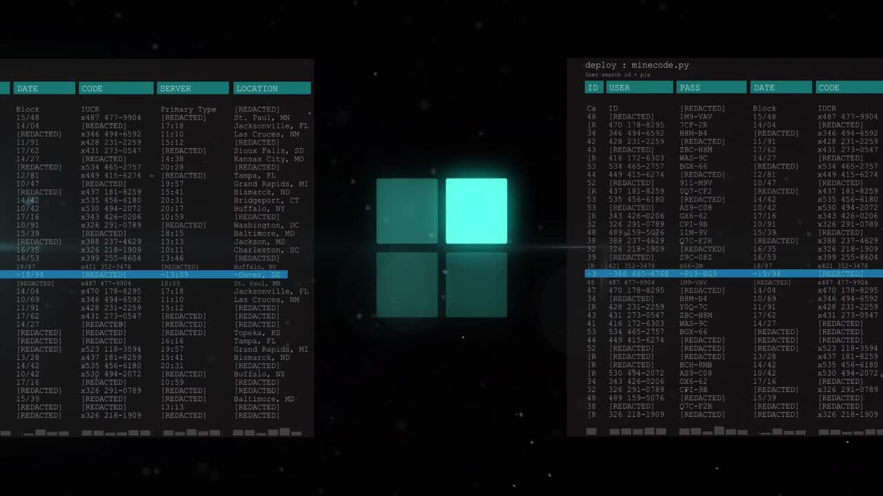 Animation of data processing over screens and dark background