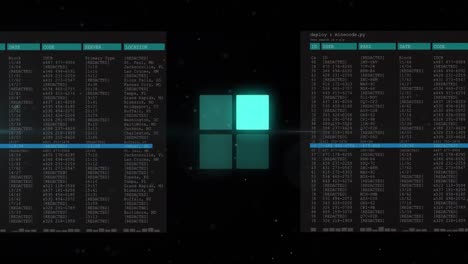 animación del procesamiento de datos sobre pantallas y fondo oscuro