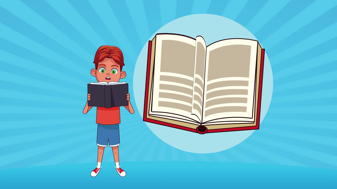ragazzino studente che legge libri personaggio animato