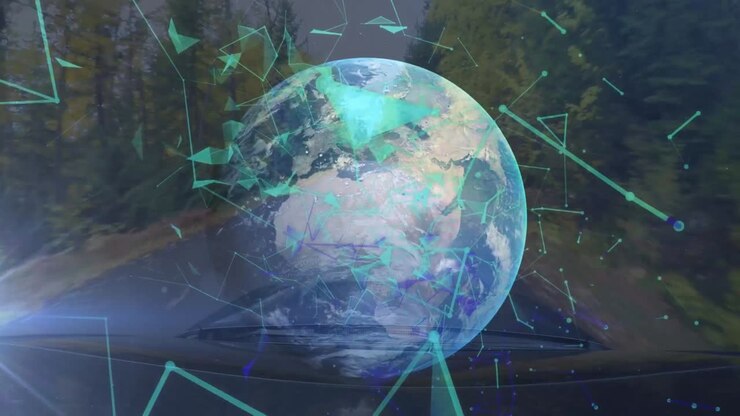 animación de formas y globo sobre la carretera