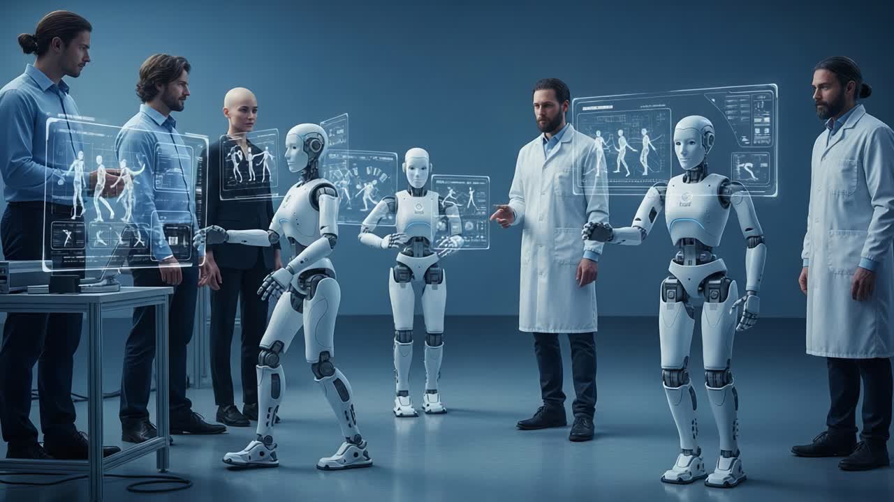 A Pioneering Interaction Between Humans and Advanced Robots in a Futuristic Laboratory Setting Showcasing Innovations in Robotics and Human-Computer Collaboration
