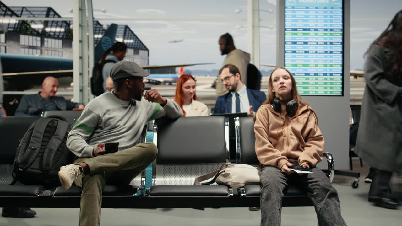 Young woman in airport lounge looking at airplane ticket