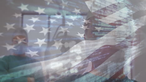 animación de la bandera de los estados unidos ondeando sobre los cirujanos en el quirófano