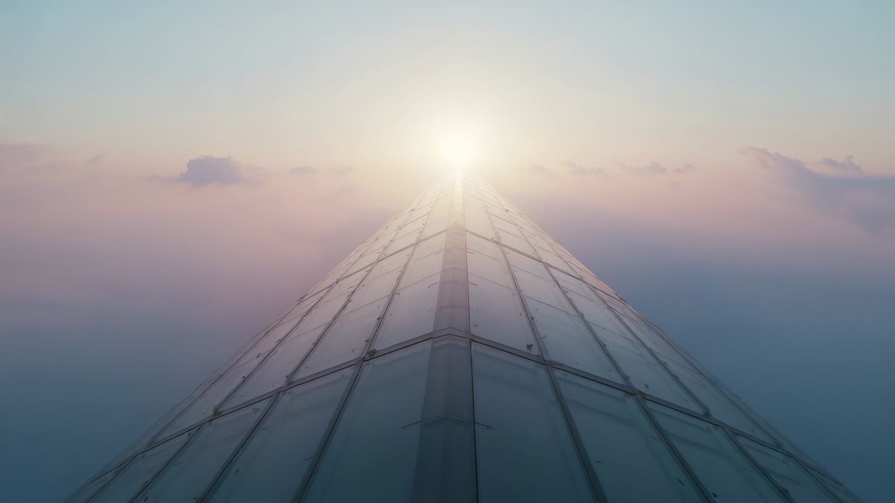 Centro dell'ala dell'aereo che avanza, si muove verso il sole basso in volo, inquadrando il sole e la foschia con i pannelli