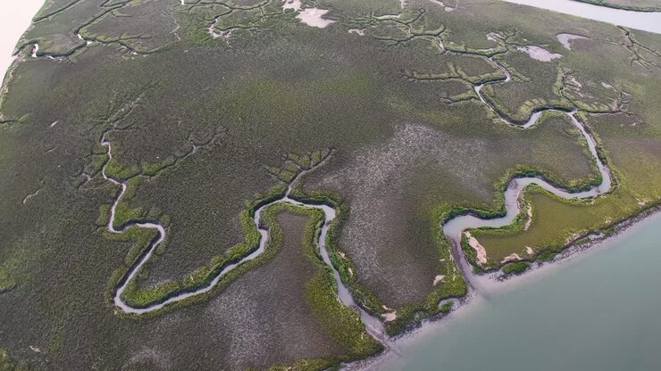 Filmato aereo con drone di tortuosi corsi d'acqua attraverso una verde zona paludosa lungo la costa di un'isola costiera