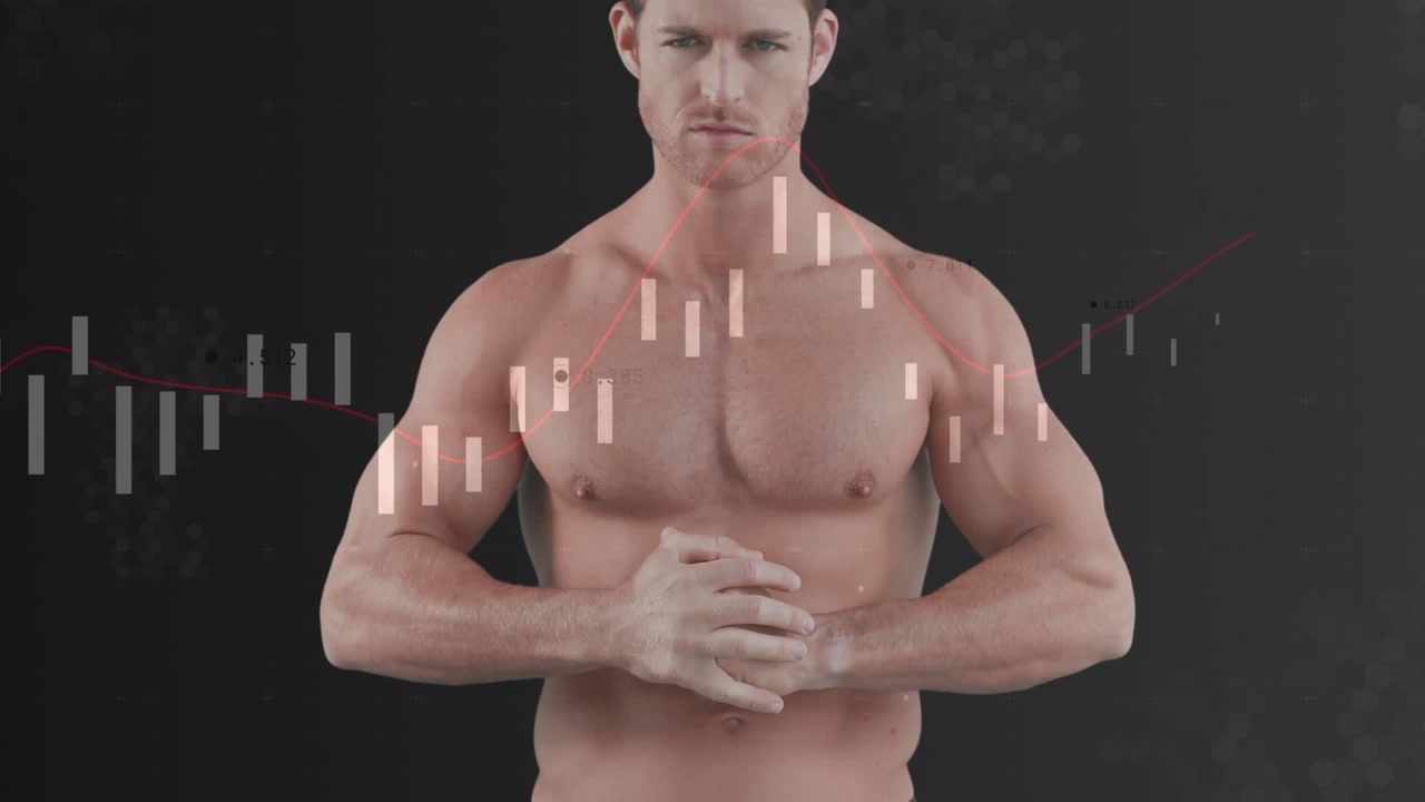Sequence starting, man standing raising hands as moving bars and red line showing fitness data