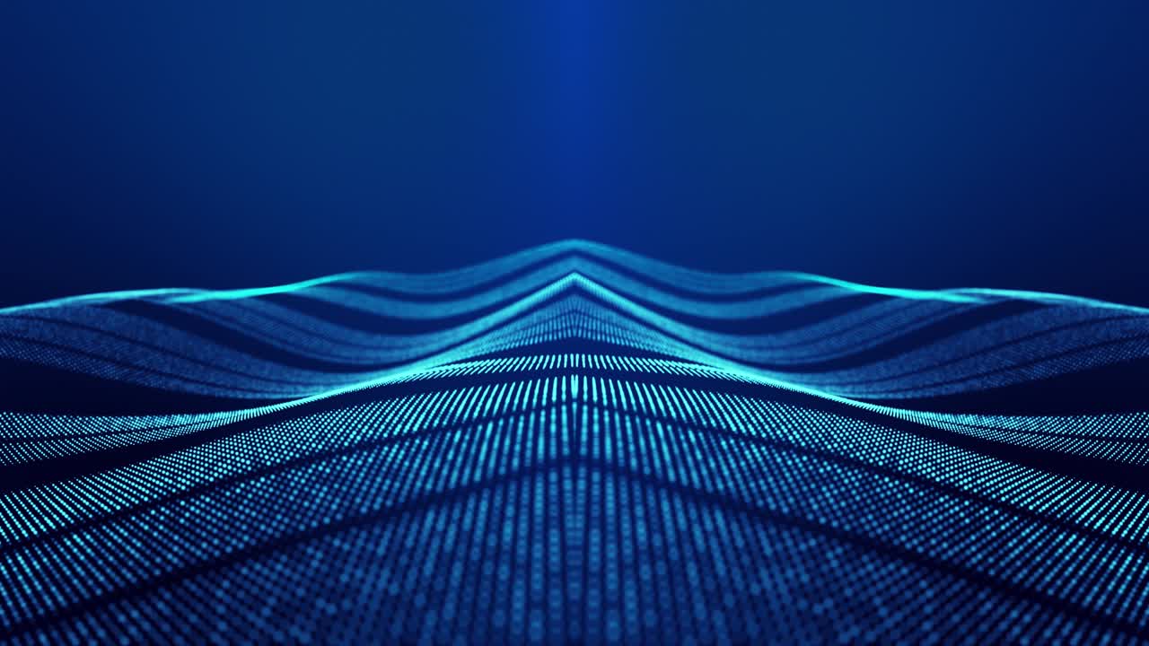 Sci-fi abstract theme with particle waves. 4k looped abstract blue background of glow particles form curved lines, surfaces simmetrical structures. Digital background with particle hologram.
