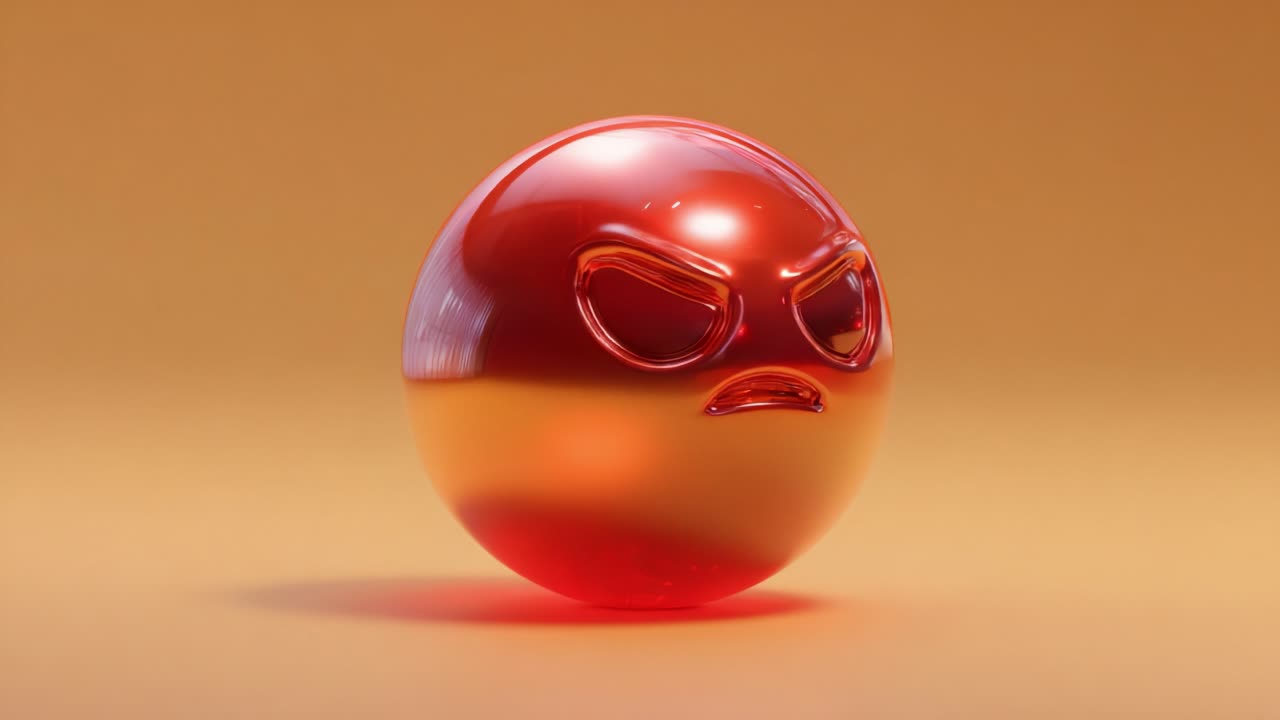 A striking representation of emotion in a vibrant, glossy orb sculpture, showcasing an intense angry expression with distinct features and striking colors that evoke a strong reaction