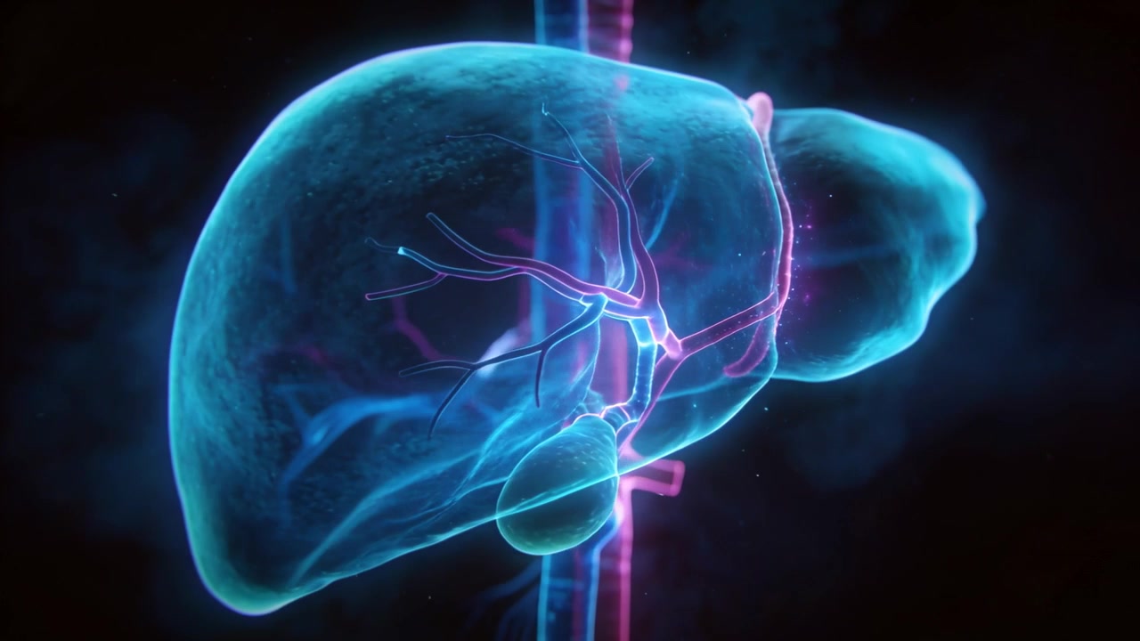 Rotating camera revealing cyan liver right-side, showing bile ducts, gallbladder, vessels for study