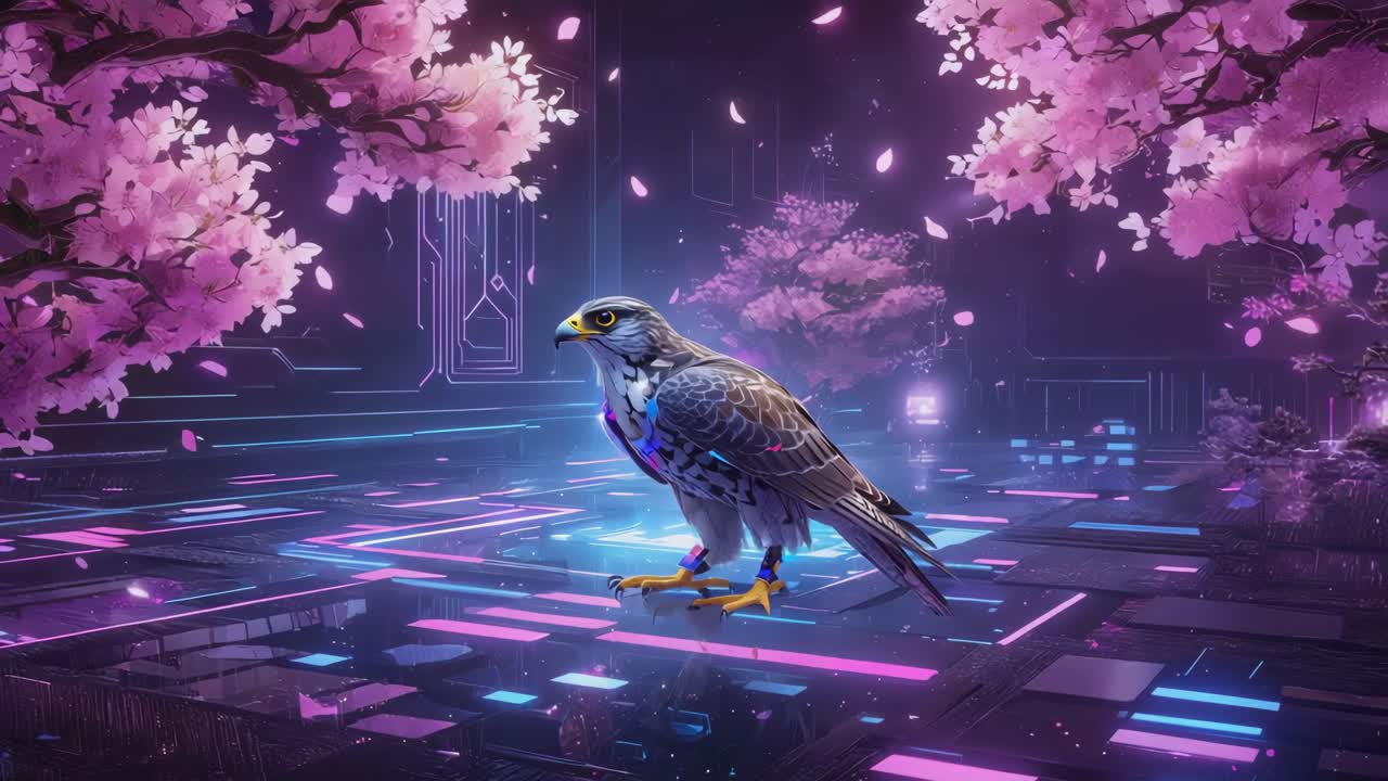 Cyberpunk Falcon in a Cherry Blossom Garden