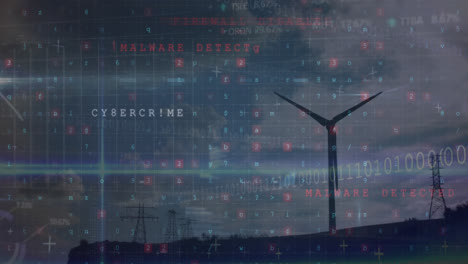Animation-of-cyber-security-data-processing-over-windmill-spinning-against-clouds-in-the-blue-sky