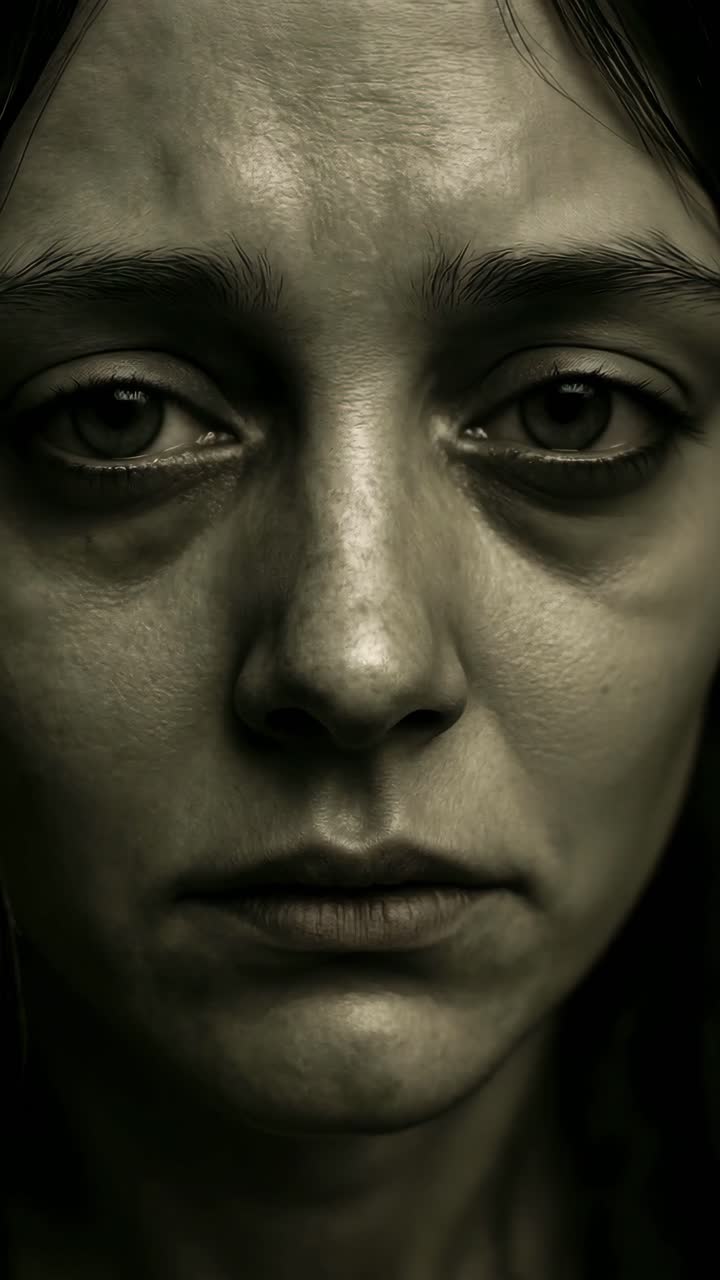 Close-up, high-angle shot of a woman's intense expression, capturing raw emotion