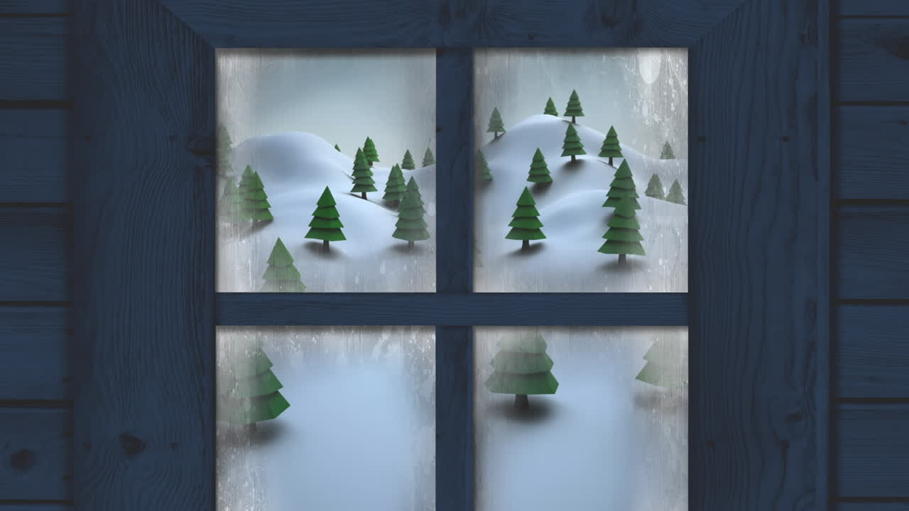 Wooden window frame against multiple trees on winter landscape