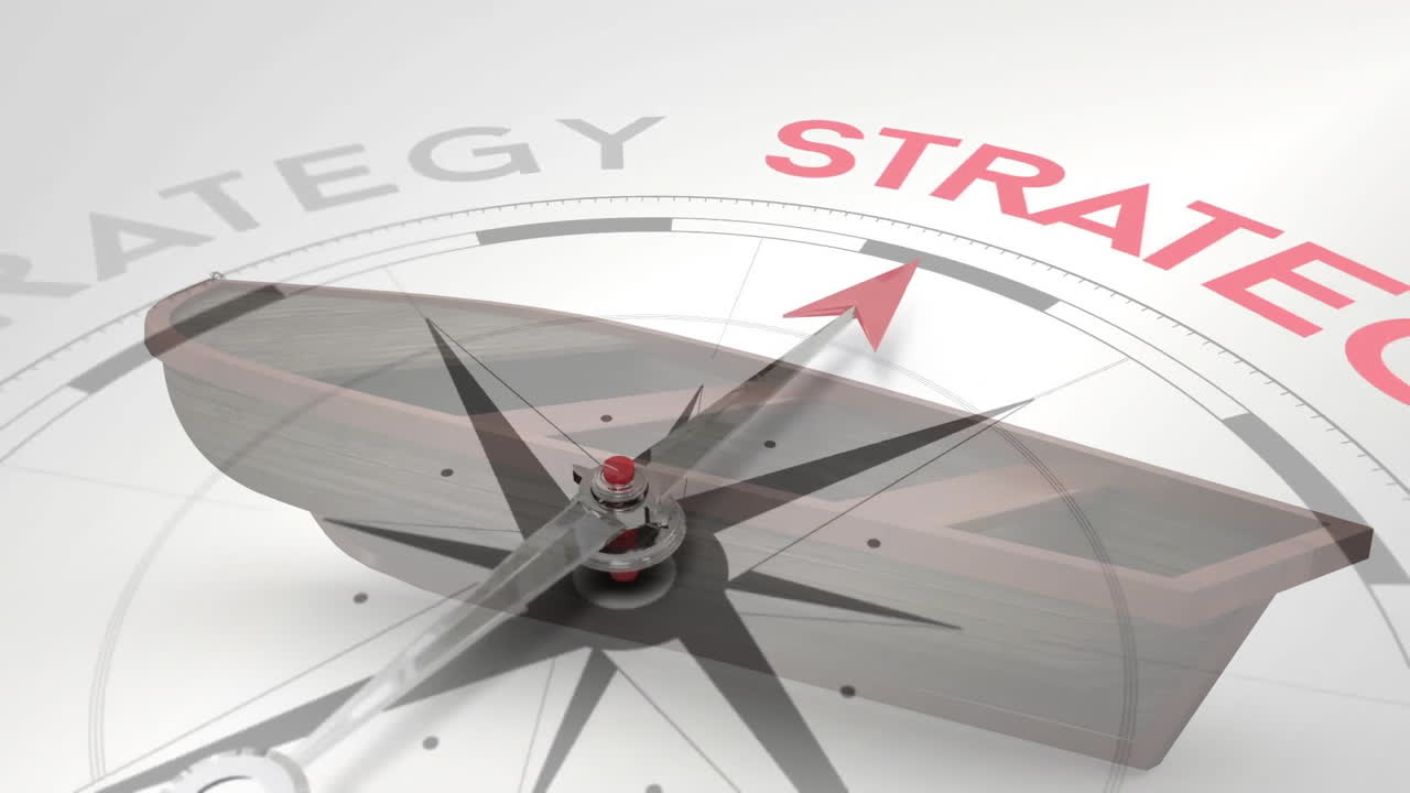 나무 배 모델 위에 전략 애니메이션을 가리키는 나침반