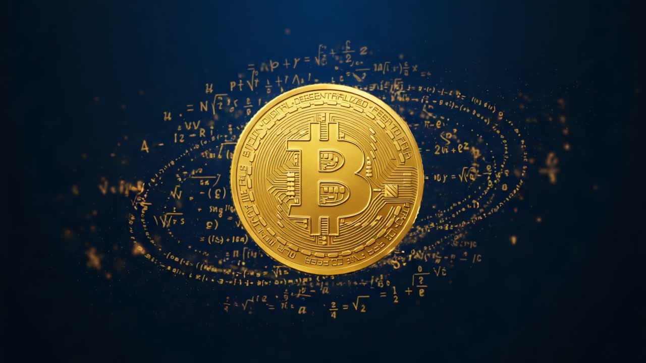 A Stunning Visual Representation of Cryptocurrency in Motion, Featuring a Brilliant Bitcoin Coin Surrounded by Dynamic, Mathematical Symbols on a Dark Backdrop.