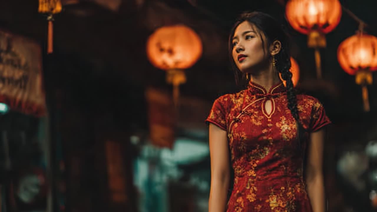 Una giovane donna in abiti tradizionali eleganti si erge con grazia sotto le lanterne, catturando l'essenza del patrimonio culturale e della bellezza in un contesto di mercato notturno