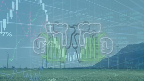 cloud-computing icon floating over field with wind turbines, displaying candlestick graphs