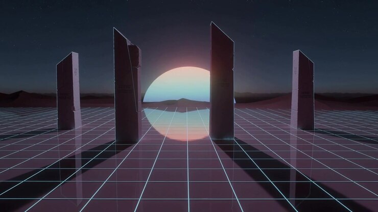 Shifting glowing orb changing hue and rising at retro grid plane, causing monolith reflections
