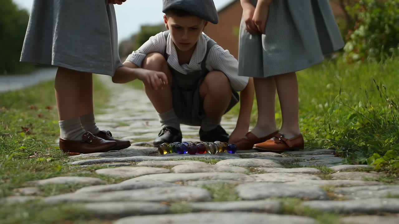 Children playing marbles on a cobblestone path