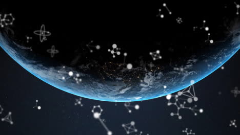 animation of white communication networks and globe on dark background