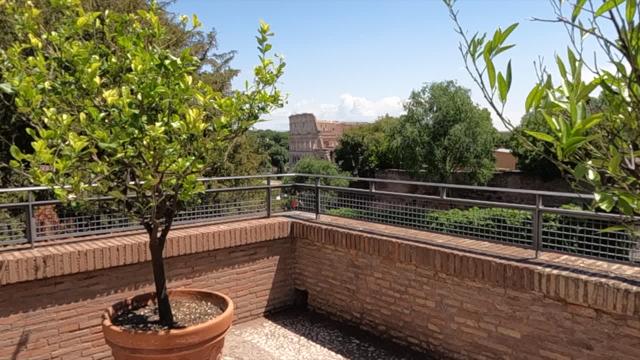 Splendida terrazza mediterranea sul tetto con agrumi in vaso, ghiaia bianca e muri di mattoni che si affacciano su storici edifici romani sotto il cielo azzurro a Roma, Italia