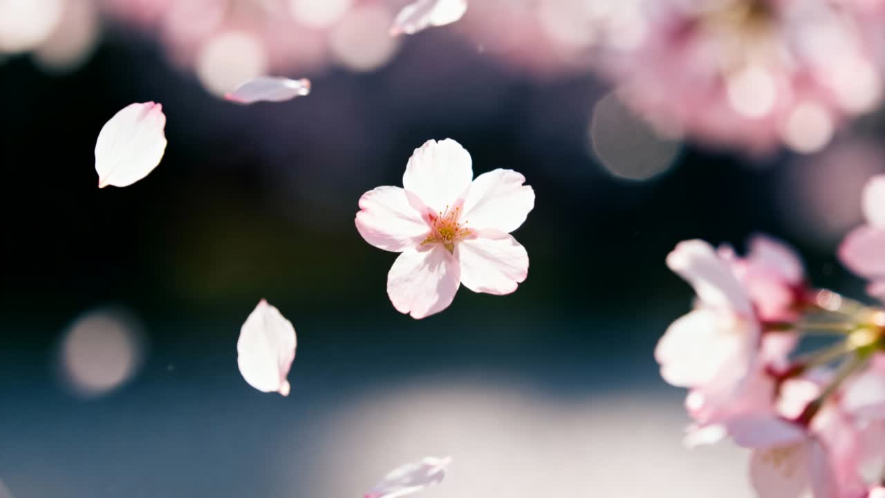 公園の中央の桜を、そよ風に押されて枝をかすめながら舞い散る淡いピンクの花びら。