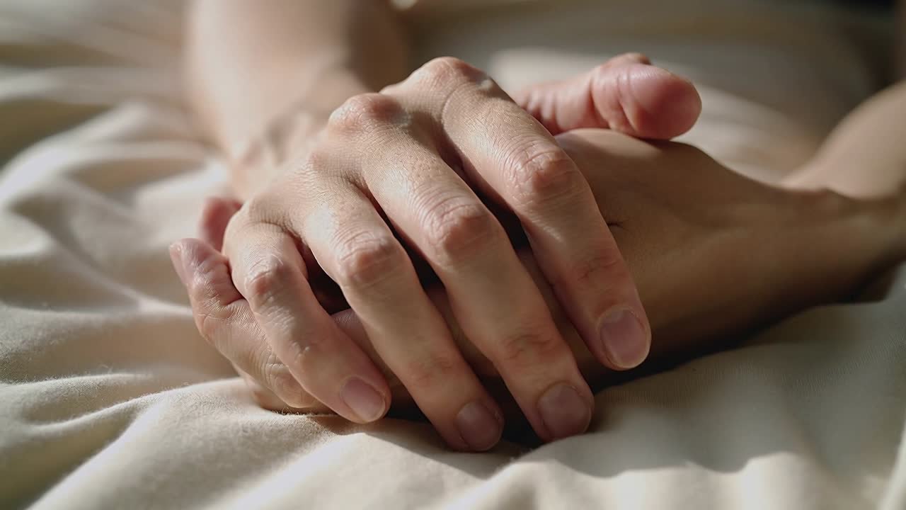 Avambracci e mani nudi che riposano, con leggeri movimenti, su un letto di casa, con lenzuolo beige chiaro