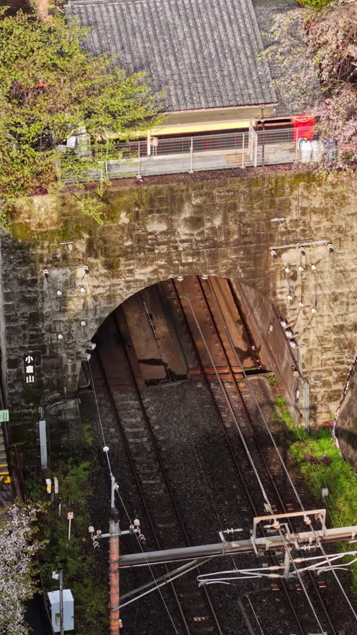 Aerial drone view of the Arashiyama train station in Japan