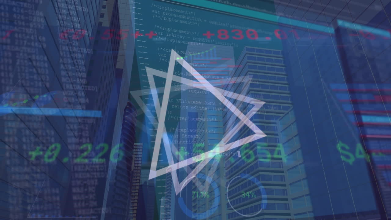 컴퓨터 화면과 도시를 통해 금융 데이터 처리의 애니메이션