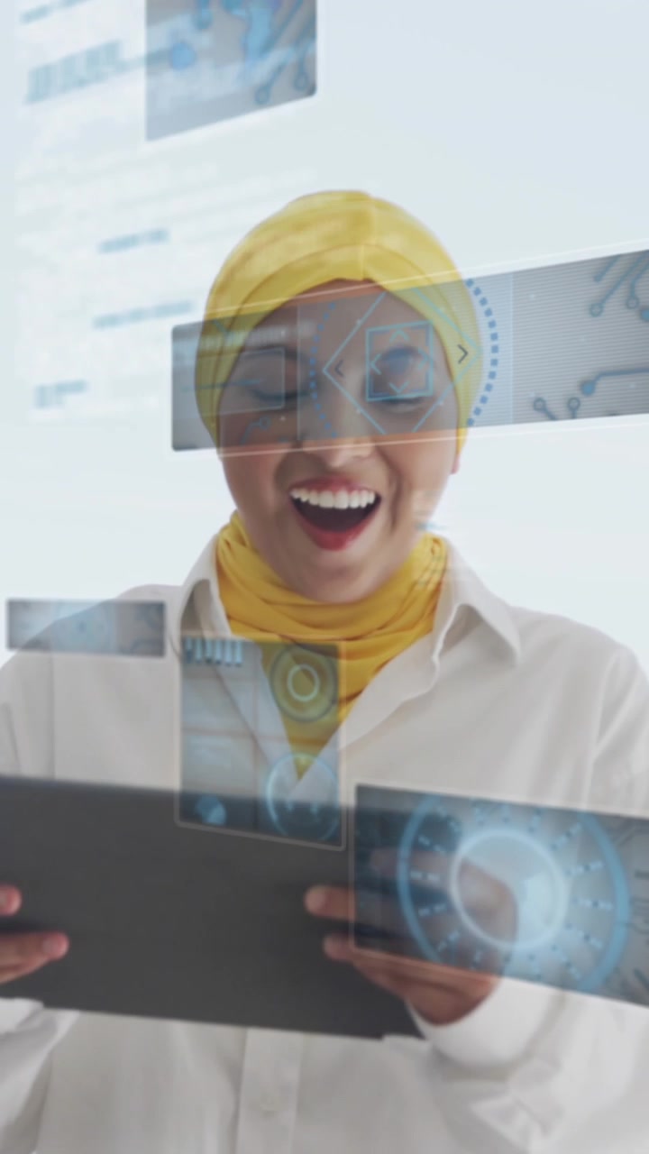 Animation of globe with icons data processing over businesswoman using tablet in office