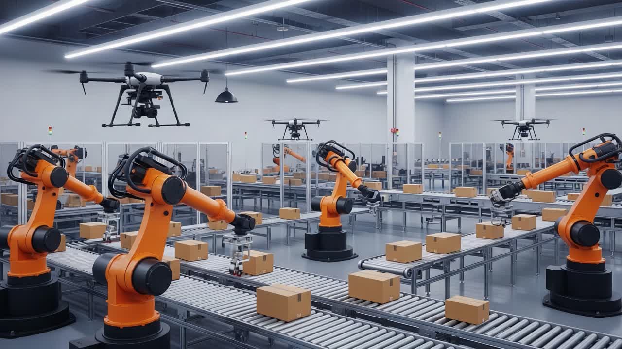 Automated Warehouse Operations Showcasing Robotic Arms and Drones Collaborating Efficiently to Streamline Package Handling and Logistics in a Modern Facility