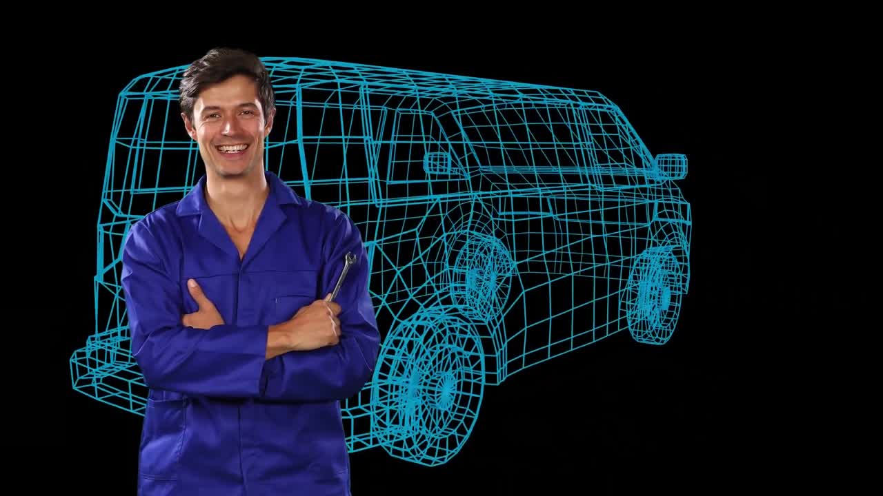 el mecánico sonriente sobre el coche 3d.