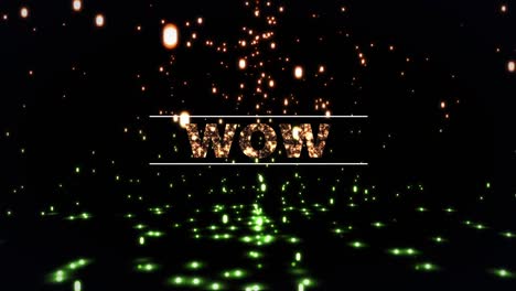 animación digital del texto wow sobre puntos de luz que caen contra un fondo negro