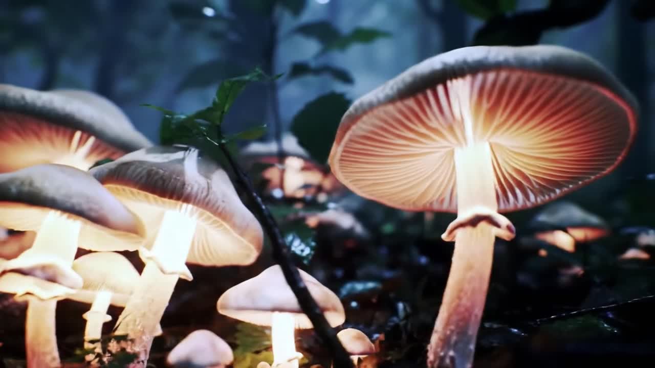 In a serene forest at twilight, glowing mushrooms emerge from the forest floor, casting an enchanting light among the foliage. Nature reveals its magical beauty as darkness settles.