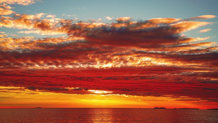 Zeitraffer des Sonnenuntergangs über dem Horizont an einem romantischen Strand an der kroatischen Mittelmeerküste mit vorbeifahrenden Schiffen