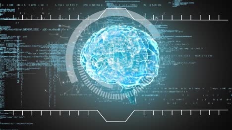 animación de un escáner redondo sobre el icono del cerebro humano y procesamiento de datos contra un fondo gris