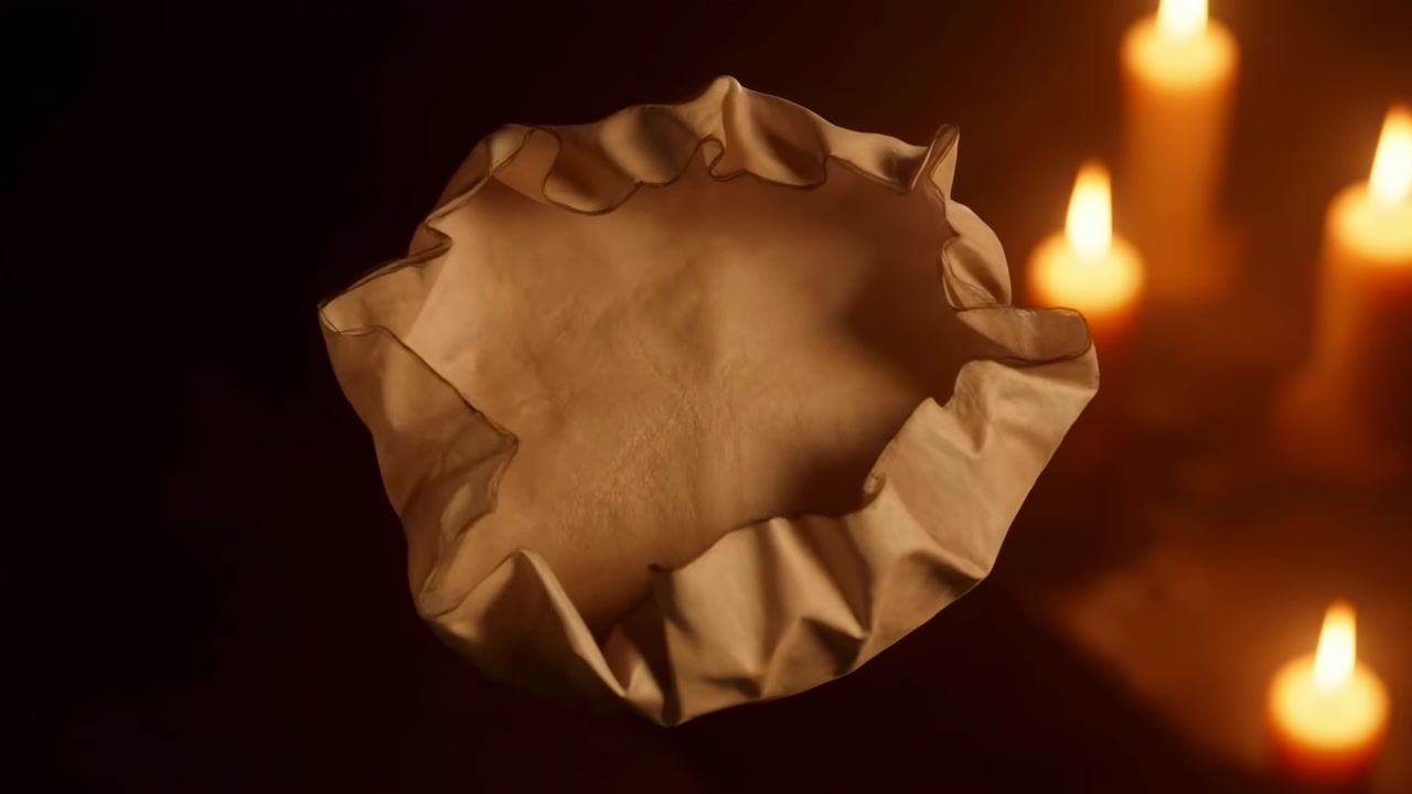 Un fardo de tela beige que se abre en una forma ancha y redondeada junto a llamas de velas borrosas sobre un fondo marrón oscuro, con un resplandor ámbar cálido, pliegues suaves, fuerte contraste y un ambiente íntimo y aislado.