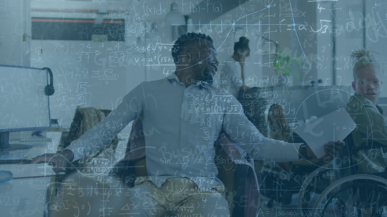 사무실에서 다양한 남성 동료들에 대한 수학 수식의 애니메이션