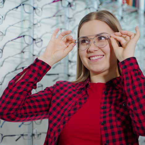 portrait of a happy woman trying on trendy eyeglasses. smiling female buyer choosing new glasses and posing on camera in optic store.