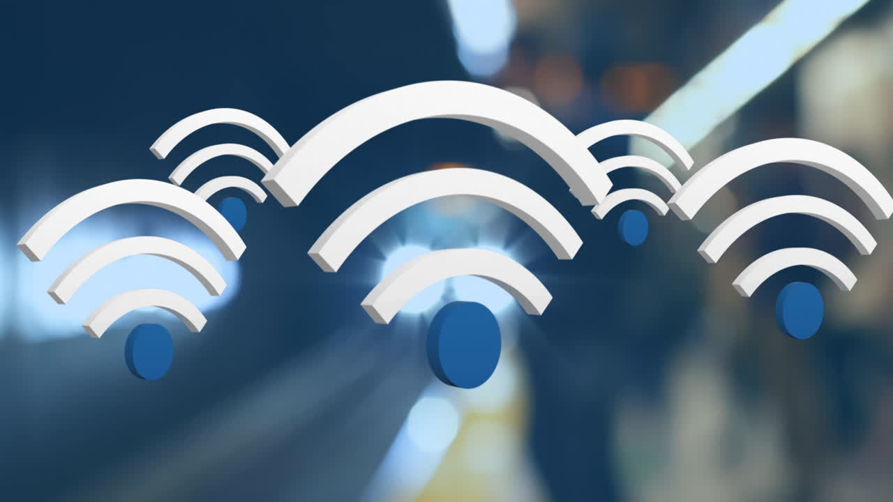 animación de iconos digitales wifi flotando sobre el tren