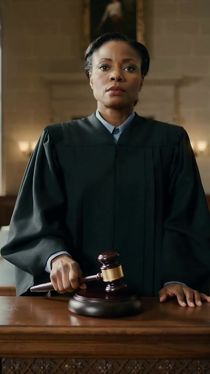 Vertical video: After pause reaching judge in robe raising gavel hitting base at dais calling order